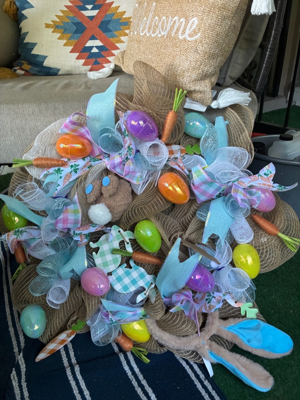 Easter Bunny Burlap Wreath with Pastel Eggs